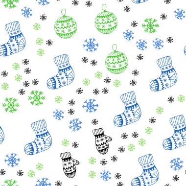 Açık mavi, parlak kar taneleri, toplar, çorap, eldiven ile sorunsuz düzen vektör yeşil. Gradyan ile renkli xmas öğeleri. Tekstil, kumaş, duvar kağıtları için tasarım.