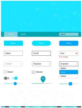 Hafif mavi vektör malzeme tasarım kiti çizgiler ile daireler. UI Ux kiti başlığını poligonal renkli arka plan ile. Web siteleri, açılış sayfaları için güzel düzeni.