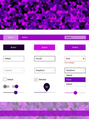 Koyu mor, pembe malzeme tasarım kiti noktalar ile vektör. Arka plan üzerinde renkli stil rehberi daireler ile. Bu web siteleri için kullanabileceğiniz şablon.