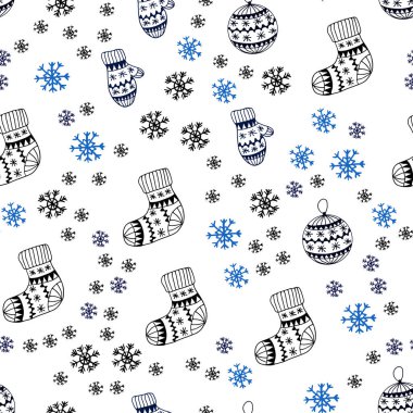 Koyu mavi vektör xmas kar taneleri, toplar, çorap, eldiven ile sorunsuz arka plan. Xmas tarzı renkli dekoratif tasarım. Tasarım için duvar kağıdı, kumaş üreticileri.