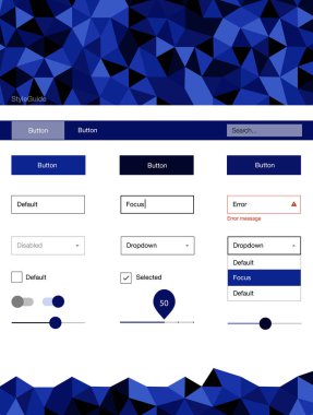 Koyu mavi vektör web UI kiti poligonal tarzı. Basit malzeme tasarım kiti ile üçgen renkli mozaik. Sen-ebilmek kullanma için açılış sayfaları bu şablonu.