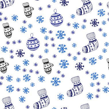 Koyu mavi buz kar taneleri, toplar, çorap, eldiven ile sorunsuz şablon vektör. Modern geometrik soyut resim. Tasarım için duvar kağıdı, kumaş üreticileri.