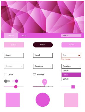 Koyu mor, pembe malzeme tasarım kiti çizgilerle vektör. UI Ux kiti başlığını poligonal renkli arka plan ile. Bu örnek açılış sayfanız için mu.