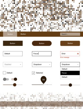 Koyu turuncu vektör malzeme tasarım kiti ile nokta. Dekoratif UI takımı tasarım renkli noktalar ile soyut tarzda. Açılış sayfanız için modern şablon.