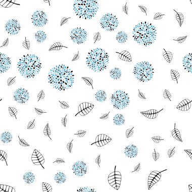 Hafif mavi vektör yaprak, çiçek ile sorunsuz arka plan. Renkli resimde doodle tarzı yaprakları, çiçekleri ile. Kartvizit, Web siteleri için şablon.