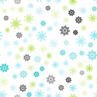 Açık mavi, parlak kar taneleri sorunsuz düzeniyle vektör yeşil. Parlayan illüstrasyon kar Noel tarzı ile renkli. Desen için modaya uygun Kumaş, duvar kağıtları.