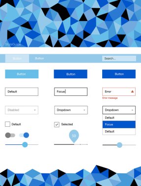 Üçgenler ile ışık mavi vektör stil rehberi. UI Ux kiti başlığını poligonal renkli arka plan ile. Açılış sayfanız için modern şablon.