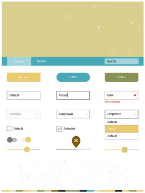 Açık yeşil, sarı vektör malzeme tasarım kiti ile çizgiler, daireler. Üçgen, daire ile poligonal stilinde stil rehberi. Web siteleri için basit renkli tasarım.