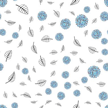 Mavi vektör sorunsuz doodle doku yaprakları, çiçekleri ile ışık. Beyaz arka plan üzerinde renkli karalamalar. Tekstil, kumaş, duvar kağıtları için tasarım.