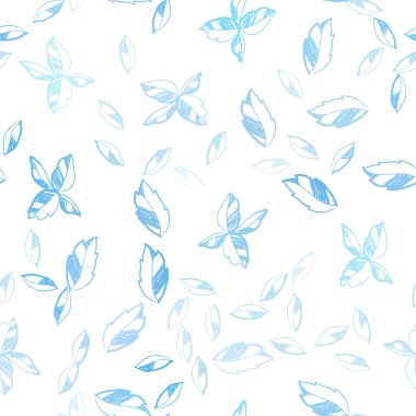 Hafif mavi vektör yaprakları ile sorunsuz zarif şablonu. Yarım yamalak karalamalar ile arka plan bulanık yapraklarda. Desen tasarım pencere panjur, perdeler.