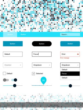 Koyu mavi vektör tasarım UI kiti noktalı. Dekoratif UI takımı tasarım renkli noktalar ile soyut tarzda. Web siteleri için basit renkli tasarım.
