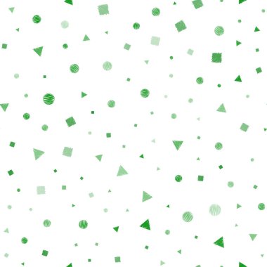 Işık yeşil vektör poli tarzı daireler, küpleri ile ile sorunsuz doku. Renkli daireler, üçgenler, kareler kümesiyle Illustration. Duvar kağıdı, kumaş üreticileri için modaya uygun bir tasarım.