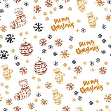 Işık turuncu vektör parlak kar taneleri, toplar, çorap, eldiven ile sorunsuz düzeni. Glitter soyut illüstrasyon gradyan ile. Kartvizit, Web siteleri için şablon.