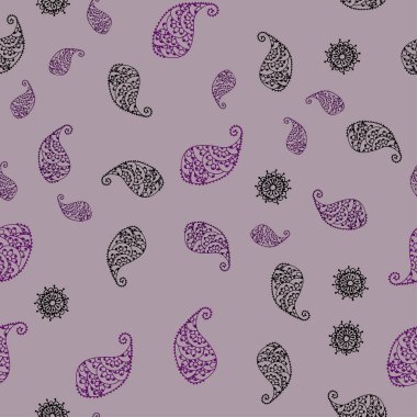 Koyu mor, pembe yaprak ve çiçek ile sorunsuz doodle düzeni vektör. Bulanık stil yaprakları, çiçekleri ile yaratıcı çizimde. El boyalı tasarım web, broşür, tekstil.