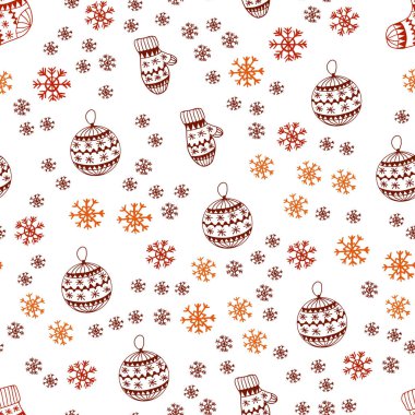 Işık kırmızı vektör Noel kar taneleri, toplar, çorap, eldiven ile seamless modeli. Renkli resimde Noel tarzda parlayan. Tekstil, kumaş, duvar kağıtları için tasarım.