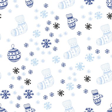 Koyu mavi vektör xmas kar taneleri, toplar, çorap, eldiven ile sorunsuz arka plan. Glitter soyut illüstrasyon gradyan ile. Desen tasarım kumaş, duvar kağıtları.