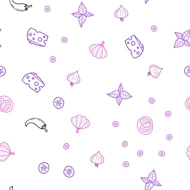 Mor ışık, vektör sorunsuz şablon organik yemek ile pembe. Bulanık dekoratif tasarım doodle tarzı aperatifler. Reklam, kitapçıklar, broşürler restoranlar için desen.