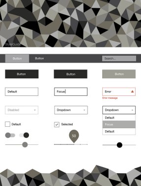 Açık gri çizgiler ile malzeme tasarım kiti vektör. UI Ux kiti başlığını poligonal renkli arka plan ile. Web siteleri için basit renkli tasarım.