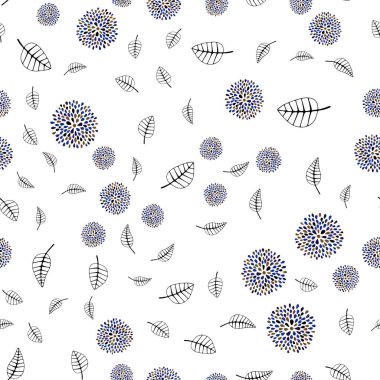 Koyu mavi, sarı yapraklar, çiçekler ile sorunsuz doodle arka plan vektör. Yaprak ve çiçek ile modern soyut resim. Desen tasarım pencere panjur, perdeler.