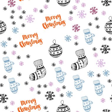 Hafif pembe, mavi vektör sorunsuz kapak güzel kar taneleri, toplar, çorap, eldiven ile. Modern geometrik soyut resim. Tekstil, kumaş, duvar kağıtları için tasarım.