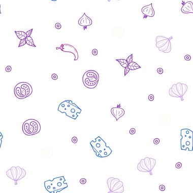 Pembe ışık, vektör sorunsuz düzen Restoran gıda ile mavi. Gıda doodle tarzı ile güzel renkli resimde. Reklam, kitapçıklar, broşürler restoranlar için desen.