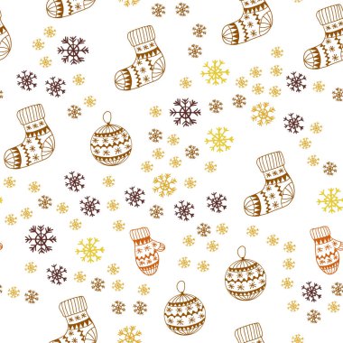 Pembe ışık, vektör sorunsuz düzen parlak kar taneleri, toplar, çorap, eldiven ile sarı. Renkli resimde Noel tarzda parlayan. Tekstil, kumaş, duvar kağıtları için tasarım.