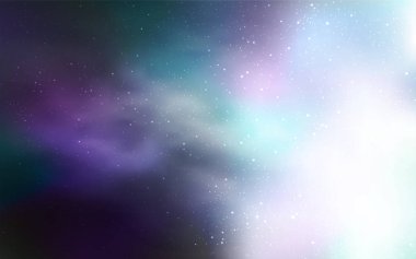 Kozmik yıldızlarla ışık Mavisi vektör düzeni. Bulanık dekoratif tasarım galaksi yıldızlarıyla basit bir stilde. Astronomi web siteleri için desen.