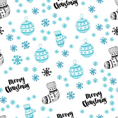 Koyu mavi parlak kar taneleri, toplar, çorap, eldiven ile sorunsuz düzen vektör. Xmas tarzı renkli dekoratif tasarım. Kartvizit, Web siteleri için şablon.