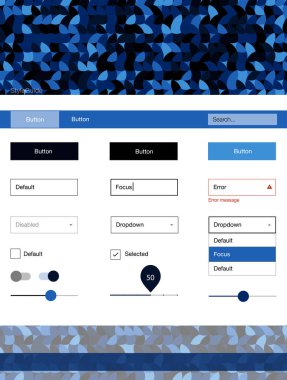 Koyu mavi vektör tasarım UI kiti noktalı. Basit malzeme tasarım kiti üstbilgisindeki renkli noktalar ile. Açılış sayfanız için modern şablon.