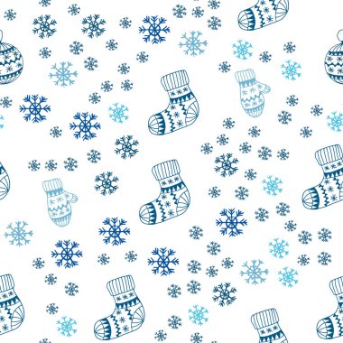 Hafif mavi vektör parlak kar taneleri, toplar, çorap, eldiven ile sorunsuz düzeni. Renkli resimde xmas sembolleri ile. Doku pencere panjur, perdeler için.