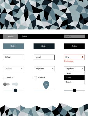 Hafif mavi vektör UI kiti poligonal tarzı. Arka plan üzerinde renkli stil rehberi üçgenler ile. Web siteleri için basit renkli tasarım.