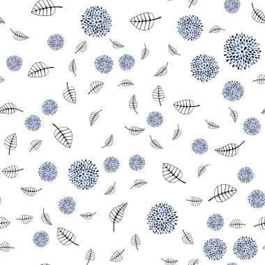 Yapraklar, çiçekler ile koyu mavi vektör sorunsuz doodle düzeni. Renkli resimde doodle tarzı yaprakları, çiçekleri ile. Tekstil, kumaş, duvar kağıtları için tasarım.