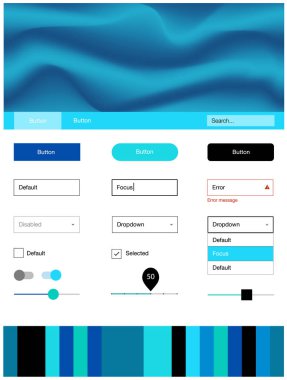 Koyu mavi vektör UI kiti balonu şekiller ile. Renkli resimde gradyan ile soyut memphis tarzı. Açılış sayfanız için modern şablon.