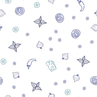 Açık mavi, kırmızı vektör sorunsuz şablon organik yemek ile. Glitter gurme gıda ile soyut kroki. Kafe işletme reklamınız için tasarım doodle.