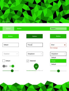 Açık yeşil çizgilerle malzeme tasarım kiti vektör. Renkli UI/ux kiti üstbilgi ile üçgen oluşuyordu. Bu web siteleri için kullanabileceğiniz şablon.