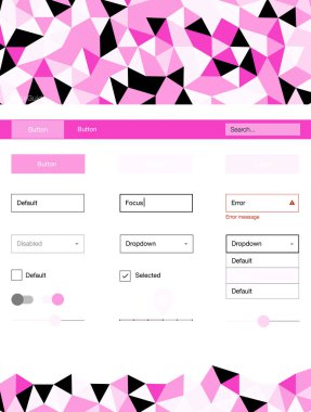 Hafif pembe vektör UI ux kiti üçgen tarzı. Arka plan üzerinde renkli stil rehberi üçgenler ile. Bu web siteleri için kullanabileceğiniz şablon.