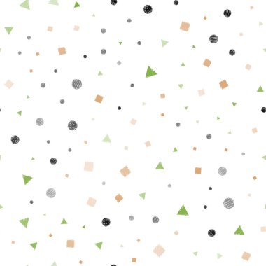 Açık yeşil, kırmızı vektör sorunsuz şablonuyla kristalleri, daireler, kareler. Renkli daireler, üçgenler, kareler kümesiyle Illustration. Desen tasarım pencere panjur, perdeler.