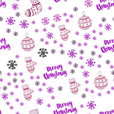 Hafif pembe, kırmızı renkli kar taneleri, toplar, çorap, eldiven ile sorunsuz doku vektör. Renkli resimde Noel tarzda parlayan. Tasarım için duvar kağıdı, kumaş üreticileri.