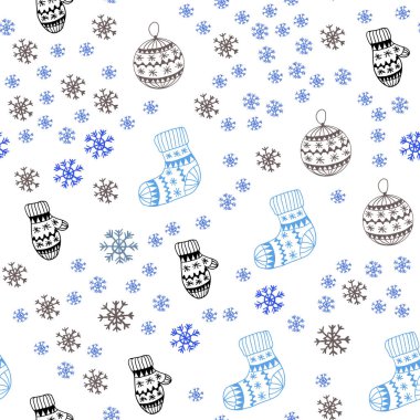 Koyu pembe, mavi renkli kar taneleri, toplar, çorap, eldiven ile sorunsuz doku vektör. Xmas tarzı renkli dekoratif tasarım. Doku pencere panjur, perdeler için.