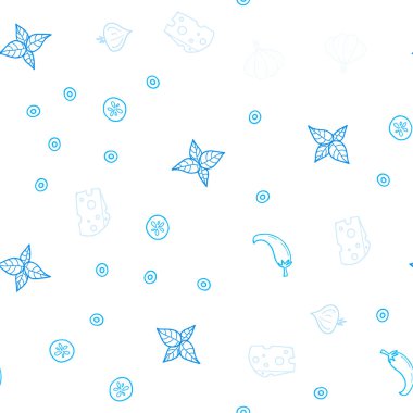 Hafif mavi vektör Restoran gıda ile sorunsuz düzeni. Resimde dizi doodle tarzı taze yiyecek. Reklam, poster, afiş kafe ya da restoran için tasarım.