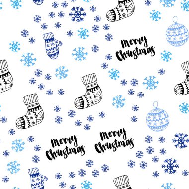 Xmas kar taneleri, toplar, çorap, eldiven ile mavi vektör sorunsuz arka ışık. Xmas tarzı renkli dekoratif tasarım. Desen tasarım kumaş, duvar kağıtları.