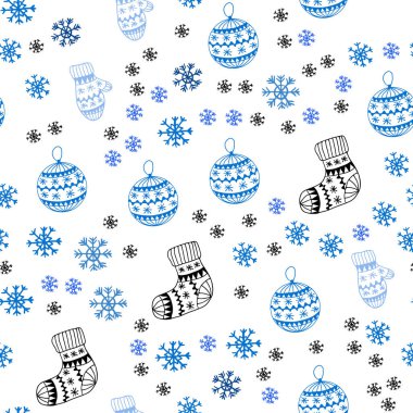 Xmas kar taneleri, toplar, çorap, eldiven ile mavi vektör sorunsuz arka ışık. Xmas tarzı renkli dekoratif tasarım. Doku pencere panjur, perdeler için.