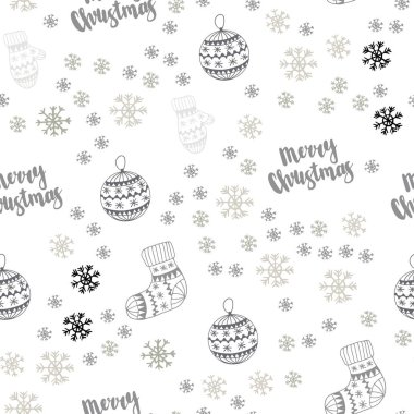 Işık gri vektör Noel kar taneleri, toplar, çorap, eldiven ile seamless modeli. Xmas tarzı renkli dekoratif tasarım. Doku pencere panjur, perdeler için.