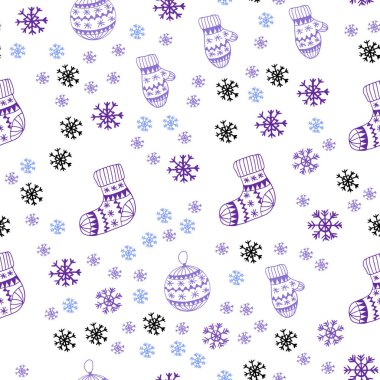 Koyu pembe, mavi Noel kar taneleri, toplar, çorap, eldiven ile Dikişsiz desen vektör. Xmas tarzı renkli dekoratif tasarım. Tekstil, kumaş, duvar kağıtları için tasarım.