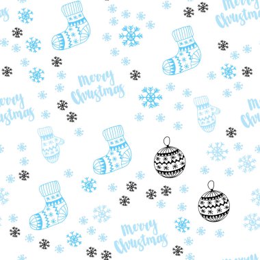 Hafif mavi vektör buz kar taneleri, toplar, çorap, eldiven ile sorunsuz şablonu. Renkli resimde xmas sembolleri ile. Desen tasarım kumaş, duvar kağıtları.