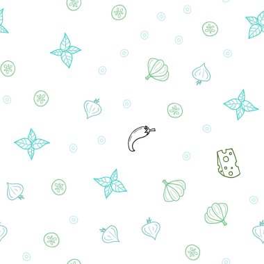 Açık mavi, yeşil vektör sorunsuz doku ile lezzetli aperatifler. Resimde dizi doodle tarzı taze yiyecek. Reklam, kitapçıklar, broşürler restoranlar için desen.