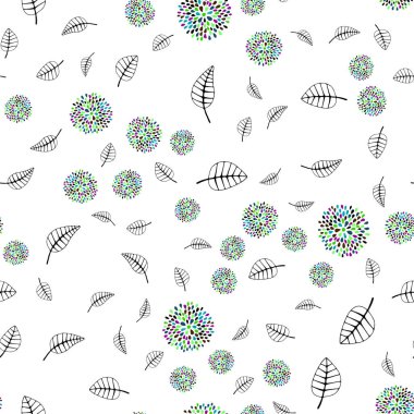 Karanlık çok renkli vektör sorunsuz doodle doku yaprakları, çiçekleri ile. Yaprakları, çiçekleri ile renkli resimde parlayan. Tekstil, kumaş, duvar kağıtları için tasarım.