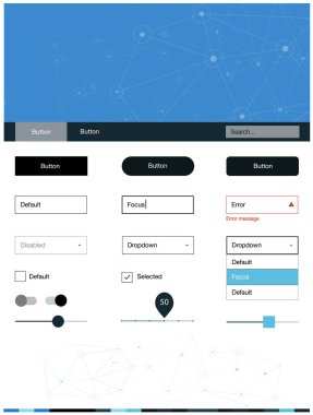 Koyu mavi vektör UI ux kiti daireler ile üçgen tarzı. Üçgen, daire ile poligonal stilinde stil rehberi. Web siteleri için basit renkli tasarım.