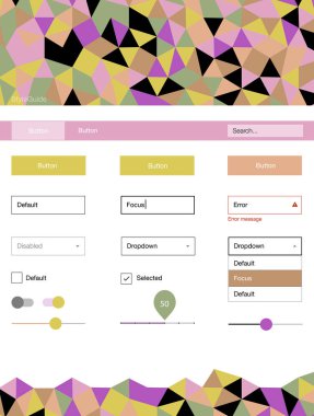 Işık çok renkli vektör UI kiti poligonal tarzı. Arka plan üzerinde renkli stil rehberi üçgenler ile. Açılış sayfanız için modern şablon.