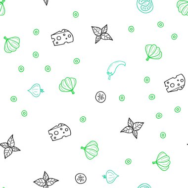 Işık yeşil vektör sorunsuz arka plan ile lezzetli yemekler. Bulanık dekoratif tasarım doodle tarzı aperatifler. Mutfakta yemek yemek için şablon.